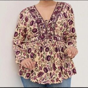 Torrid Tan Purple Babydoll Rayon Crepe Embroidered Lace-Up Top Size 2X